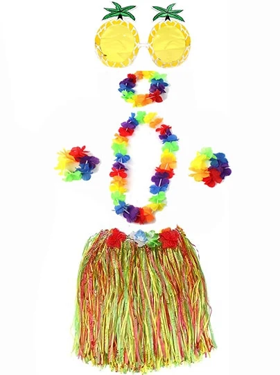 Yetişkin ve Çocuk Uyumlu Luau Aloha Hawaii Rengarenk 40 cm Etek Ananas Şekilli Gözlük Hawaii Kolye Renkli Taç ve 2 Adet Bileklik Seti ürün görseli 1