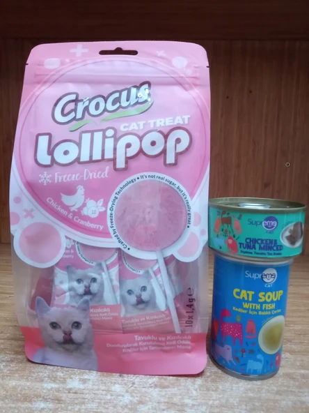 Crocus Tavuklu Ve Kızılcıklı Kedi Lolipop 10 ADET+1 ADET TAVUK&TON BALIKLI PÜRE KEDİ KONSERVE 85 GRAM+1 ADET BALIKLI KEDİ ÇORBASI 135 ML ürün görseli 1
