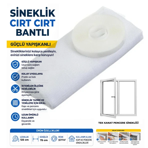 Pratik Cırt Bantlı Pencere Sinekliği 75x125 cm Deliksiz Montaj Tek Kanat Beyaz Sineklik ürün görseli 1