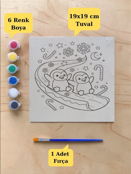 Tuval Boyama Aktivite Seti Sevimli Penguenler Baskılı 19x19 Cm (Tuval, Fırça ve 6 Renk Akrilik Boya Seti) ürün görseli 1