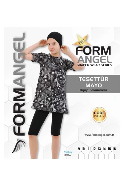 Form Angel 1904 Çocuk Uzun kollu Desenli Tesettür Mayo 9-16 Yaş - Siyah - 9-16 YAŞ ürün görseli 1