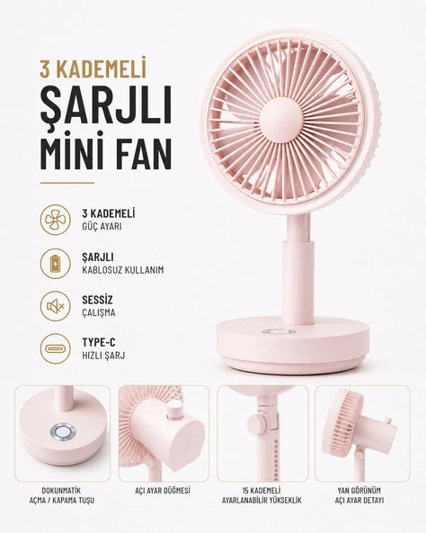 TAŞINABİLİR MİNİ FAN 3 KADEMELİ DÖNER BAŞLIKLI AŞAĞI YUKARI 15 KADEMELİ AYARLANABİLİR YÜKSEKLİK AÇI AYAR DÜĞMELİ ürün görseli 1