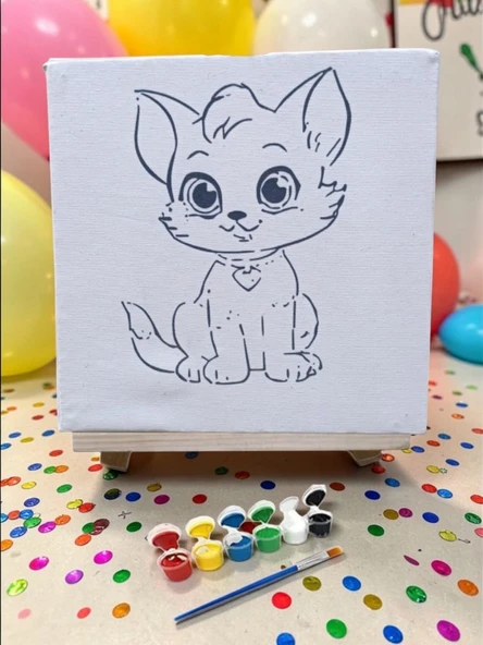 Çocuklar İçin Tuval Boyama Seti Sevimli Kedi 19x19 Cm (Tuval, Şövale, Fırça ve 6 Renk Akrilik Boya Seti) ürün görseli 1