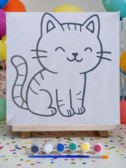 Çocuklar İçin Tuval Boyama Seti Kedi Mod2 19x19 Cm (Tuval, Şövale, Fırça ve 6 Renk Akrilik Boya Seti) ürün görseli 1