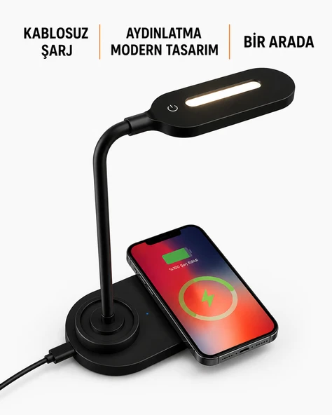Kablosuz Şarjlı Akıllı Masa Lambası 360 Esnek Gövde Tasarımı Şarj ve Aydınlatma Bir Arada ürün görseli 1