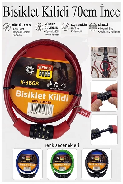 Şifreli Bisiklet Kilidi 70 cm İnce 1 Adet K-3668 Çelik Halat Plastik Kaplamalı Bisiklet Kiliti Scooter Kapı Şifreli ürün görseli 1