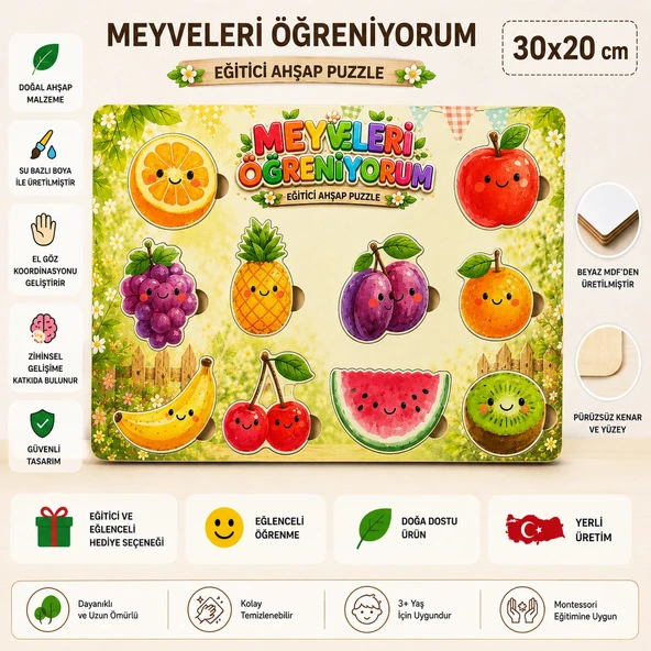 Meyveleri Öğreniyorum Ahşap Puzzle - Eğitici ve Öğretici Montessori Zeka Oyunu (30x20 cm) ürün görseli 1