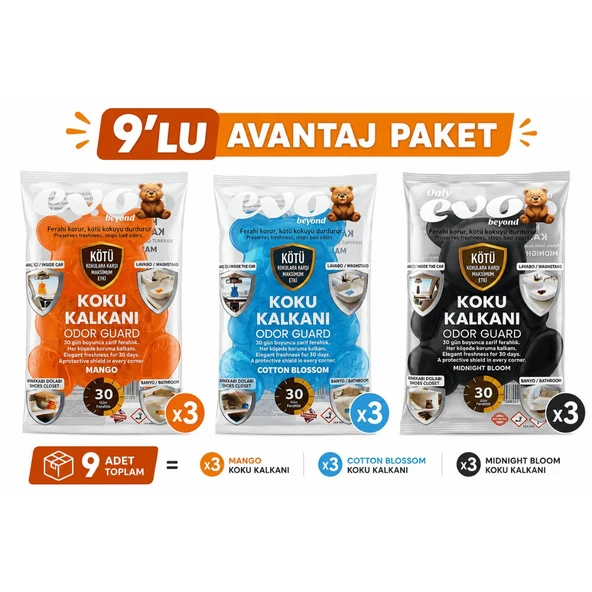 Only Evo 9'Lu Avantaj Paketi Çok Amaçlı Doğal Koku kalkanı - Pisuvar, Araba, Dolap ve Oda Kokusu (3 RENK x 3) ürün görseli 1