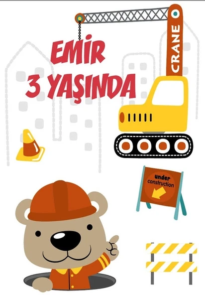 İnşaat ve Sevimli Hayvanlar Temalı Doğum Günü Afişi - 50x70 Cm ürün görseli 1