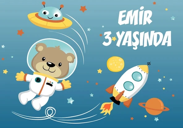 Uzay ve Sevimli Hayvanlar Temalı Doğum Günü Afişi - 50x70 Cm ürün görseli 1