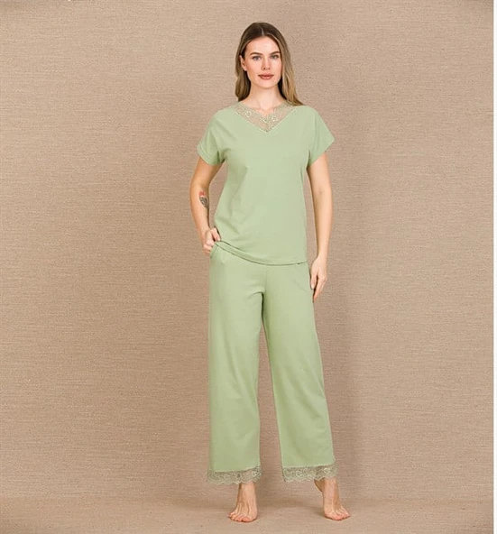 Closet Pamuklu Şık Tasarım Dantel İşlemeli Yeşil Kısa Kol Pijama Takımı ürün görseli 1