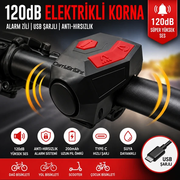 TriLine 120 dB USB Şarjlı Bisiklet Kornası Alarm Zili Anti Hırsızlık Elektrikli Korna Scooter ürün görseli 1