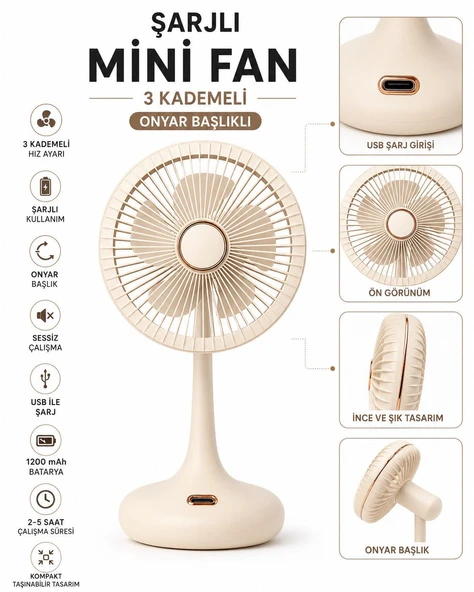 ŞARJLI MİNİ EL FANI MASAÜSTÜ FAN 3 KADEMELİ 5 KANATLI OYNAR BAŞLIKLI VANTİLATÖR KLİMA FAN 1200MAH USB ŞARJ ürün görseli 1