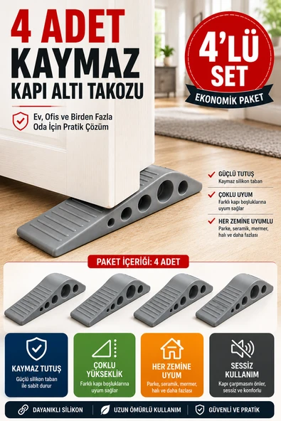 4 Adet Gri Silikon Kapı Altı Stoperi Kaydırmaz Kapı Durdurucu 12 cm Kapı Sabitleyici ürün görseli 1