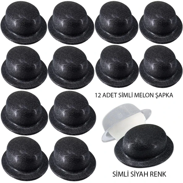 Siyah Renk Simli Melon Yuvarlak Parti Şapkası 12 Adet ürün görseli 1