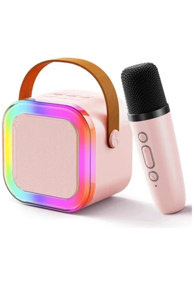 Karaoke Kablosuz Hoparlör Mikrofonlu Rgb Işıklı Bluetooth Speaker Tf Kart/usb Pembe ürün görseli 1