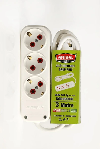 Amiral 3' Lü Topraklı 3 Metre Kablolu Grup Priz ürün görseli 1