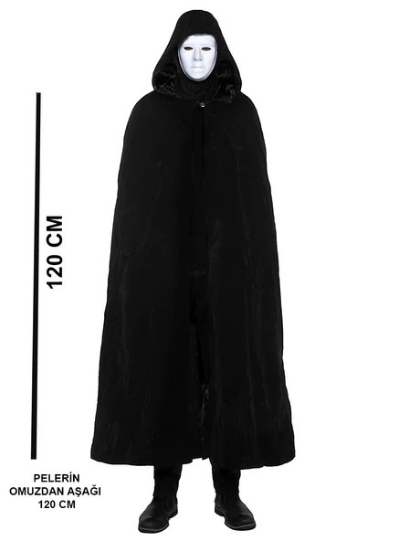 Siyah Kapüşonlu 120 Cm Pelerin Ve Beyaz Boyanabilir Tam Yüz Maske ürün görseli 1