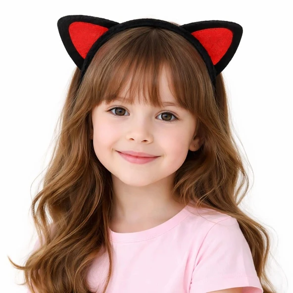 Peluş Kedi Kulak Taç Kırmızı Siyah – Çocuk Parti  Kostüm Tacı ürün görseli 1