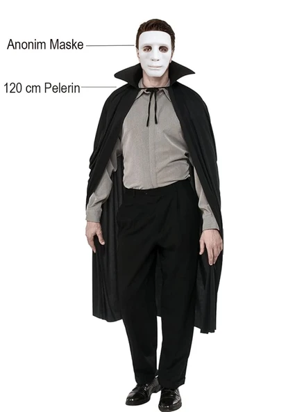 Siyah Renk Yakalı 120 Cm Pelerin Ve Beyaz Anonim Maske ürün görseli 1