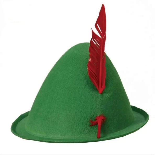 Yeşil Renk Kırmızı Tüylü Peter Pan Şapkası Robin Hood Şapkası 24x23 Cm ürün görseli 1