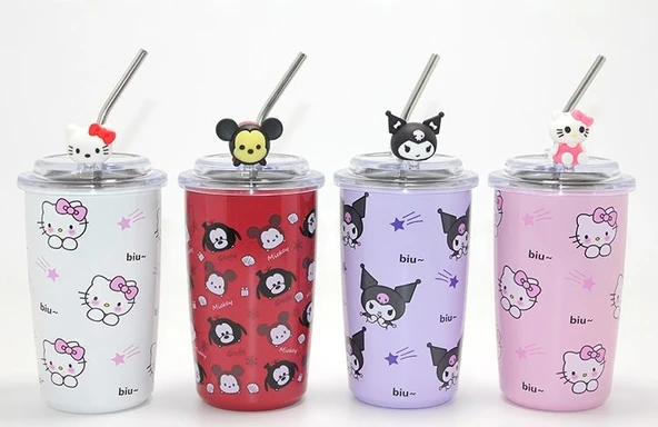 Sanrio Hello Kitty & Kuromi Figürlü Isı Muhafazalı Metal Pipetli Çelik Kupa Alk4428 ürün görseli 1