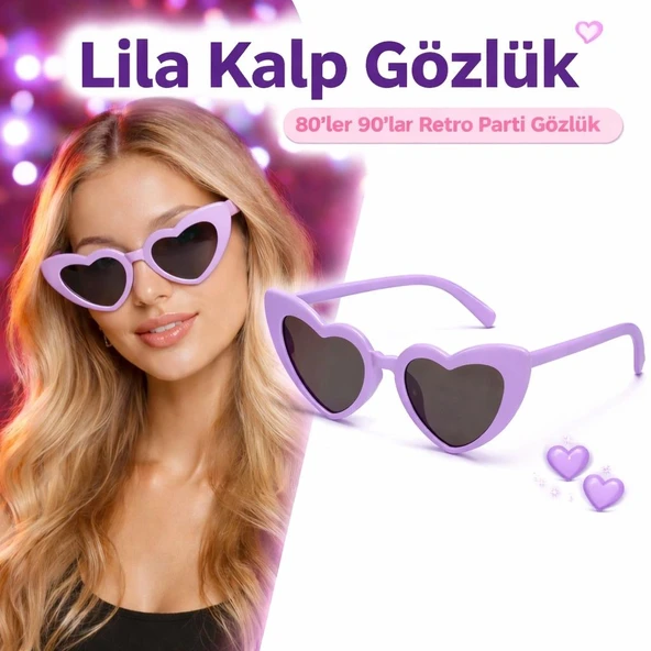 Mor Lila Retro Kalp Gözlük – 80’ler 90’lar Stil Parti Gözlüğü ürün görseli 1