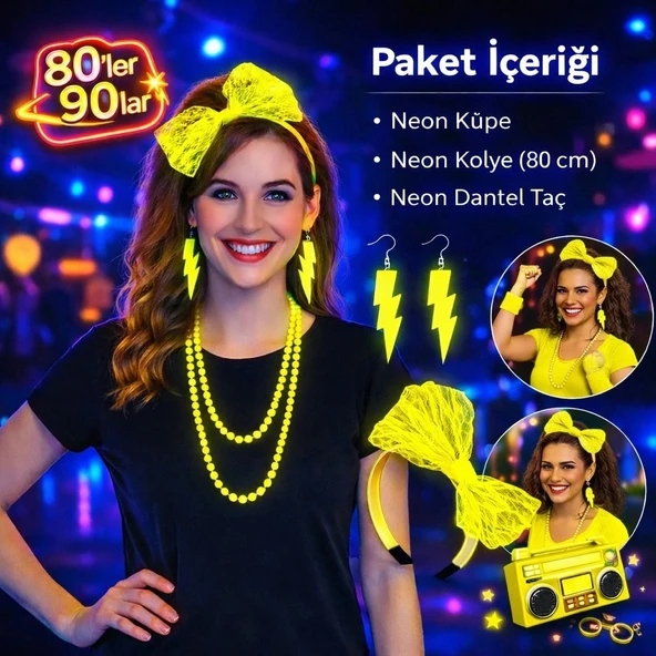 80’ler 90’lar Neon Sarı Parti Seti – Kolye Küpe Taç ürün görseli 1