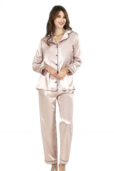 Aria's Closet Pudra İkili Saten Gecelik Pijama Takımı 7647 ürün görseli 1