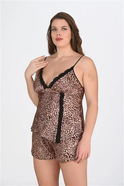 Arias Closet Büyük Beden Leopar Desenli Dantel İşlemeli Saten Şortlu Gecelik Takımı ürün görseli 1