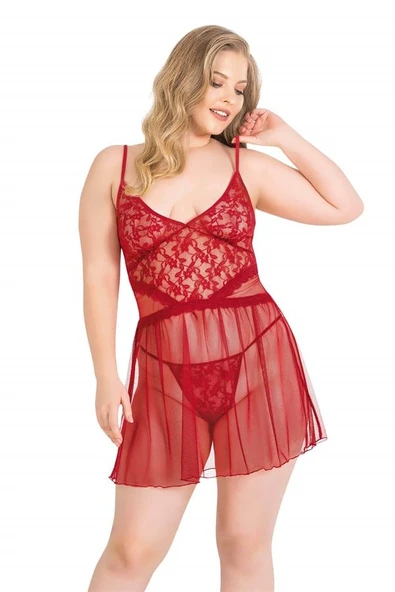 Arias Closet Büyük Beden Kırmızı Kısa Tül Gecelik ürün görseli 1