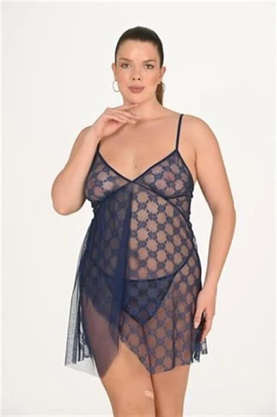 Arias Closet Büyük Beden Lacivert Dantel İşlemeli Tül Gecelik ürün görseli 1