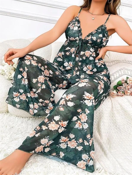Arias Closet Özel Tasarım Büyük Beden Çiçek Desenli Bol Kesim 2'li Pijama Takımı ürün görseli 1