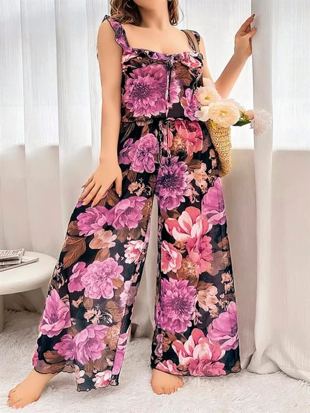 Arias Closet Özel Tasarım Büyük Beden Çiçek Desenli Bol Kesim 2'li Pijama Takımı ürün görseli 1