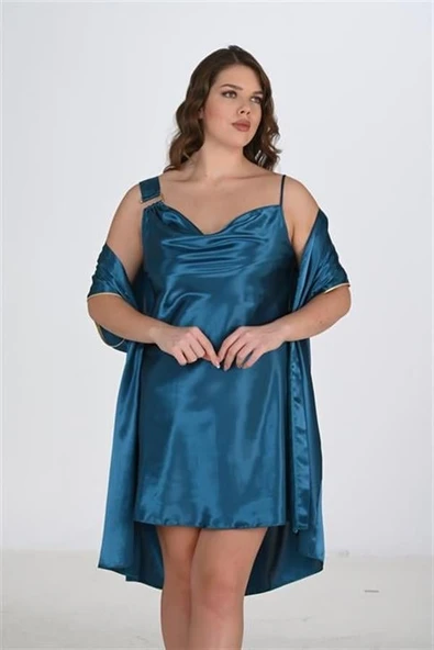 Arias Closet Premium Büyük Beden Saten Petrol 2'li Gecelik Sabahlık Takımı Bigsize ürün görseli 1