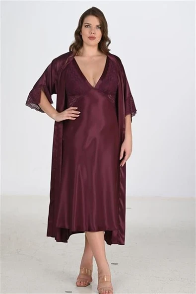 Arias Closet Premium Büyük Beden Saten Dantel İşlemeli Mürdüm Uzun 2'li Gecelik Sabahlık Takımı Bigsize ürün görseli 1