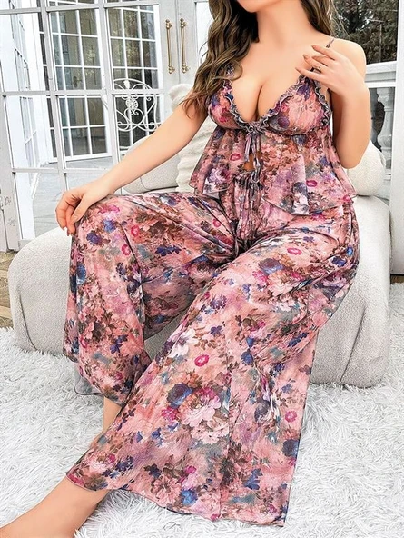 Arias Closet Özel Tasarım Büyük Beden Çiçek Desenli Bol Kesim 2'li Pijama Takımı ürün görseli 1