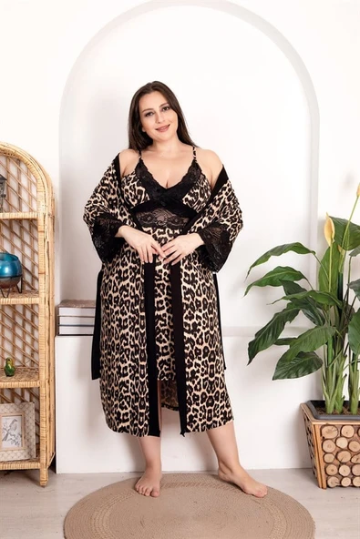 Arias Closet Büyük Beden Leopar Desenli Dantel İşlemeli 2'li Gecelik Sabahlık Takımı ürün görseli 1