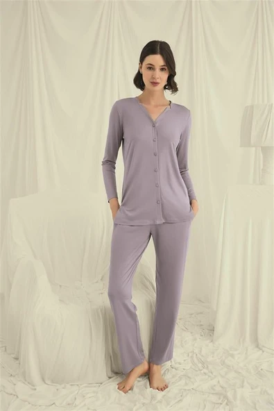 Arias Closet Uzun Kollu Boydan Düğmeli V Yaka Pijama Takımı ürün görseli 1