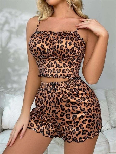 Arias Closet Leopar Desenli İnce Askılı Şortlu Pijama Takımı ürün görseli 1