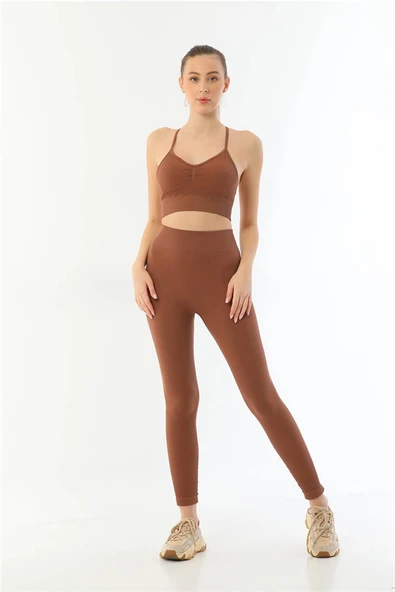 Arias Closet Kahve MI Emay 3921 Soft Seamless Ripli Tayt Yoga Takımı ürün görseli 1