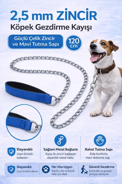 Zincir Köpek Gezdirme Kayışı Dayanıklı Çelik & Ergonomik Tutma Saplı 2,5 mm-120 cm Mavi - KP-ZNCRGZ-MV ürün görseli 1