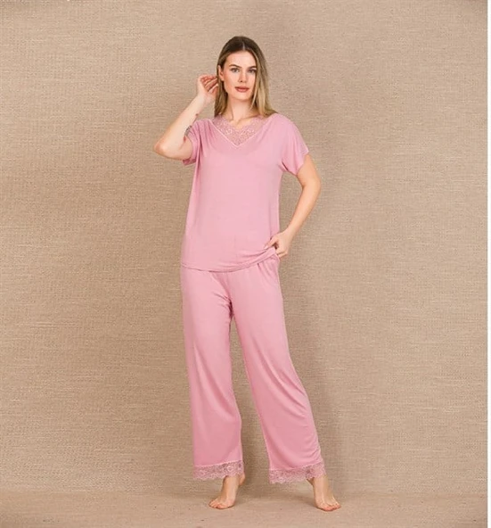 Arias Closet Viskon Şık Tasarım Dantel İşlemeli Pembe Kısa Kol Pijama Takımı ürün görseli 1