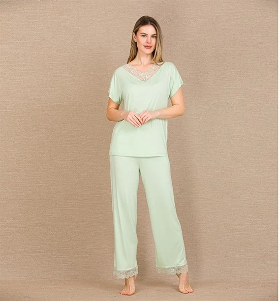 Arias Closet Viskon Şık Tasarım Dantel İşlemeli Açık Yeşil Kısa Kol Pijama Takımı ürün görseli 1