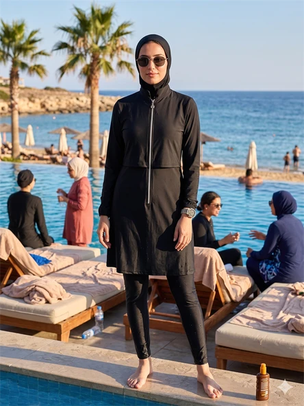 Arias Closet Paraşüt Basic Siyah Tam Kapalı Fermuarlı Spor Likralı Tesettür Mayo Takımı ürün görseli 1