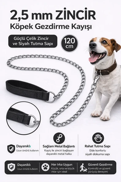 Zincir Köpek Gezdirme Kayışı Dayanıklı Çelik & Ergonomik Tutma Saplı 2,5 mm-120 cm Siyah - KP-ZNCRGZ-SYH ürün görseli 1