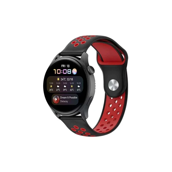 Watch 22mm Spor Delikli Kordon - Siyah-kırmızı ürün görseli 1
