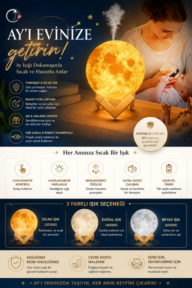 Ay Tasarımlı Aromaterapi Difüzör Led Işıklı Ultrasonik Hava Nemlendirici Sessiz Çalışan Buhar Difüzörü Gece Lambası ürün görseli 1