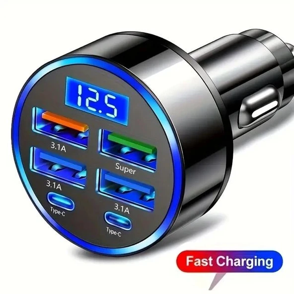 6 Portlu Hızlı Araç Şarj Cihazı – 4 Usb + 2 Type-c Çıkışlı Dijital Göstergeli Oto Şarjı ürün görseli 1