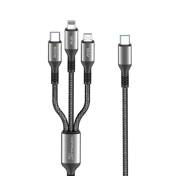 Dc62 3in1 Type-c To 60w Type-c / 12w Lightning / 15w Micro 1.2m Hızlı Şarj Kablo - Siyah ürün görseli 1